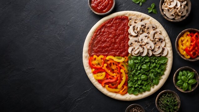 Unbaked pizza dough divided into four sections with different toppings on dark table