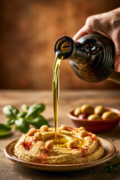 A dark glass bottle pouring a stream of golden-green extra virgin olive oil over a plate of homemade hummus garnished with chickpeas and paprika.