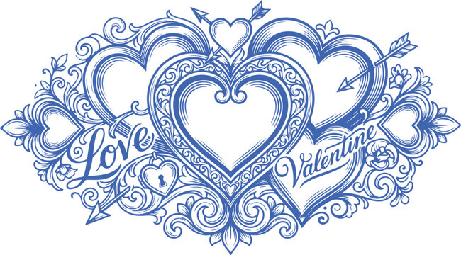Romantic vintage heart frame with arrows and flourishing scrollwork for valentine day heart shape valentine ornament decorative romantic illustration flourish invitation decoration isolated