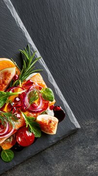 Salmon dish with figs pomegranate and herbs on slate plate