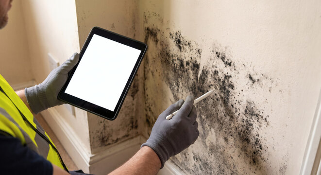 closeup wall mold inspection building inspector holding blank screen tablet property damage assessment indoor air quality check real estate home survey toxic black fungus remediation professional cont