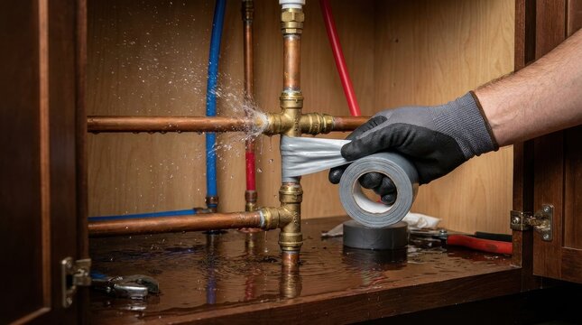 Plumber applying duct tape to leaking copper pipes under sink