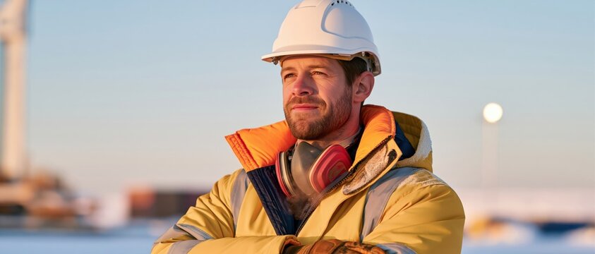 Worker in insulated gear standing on frozen site wearing hard hat and respirator