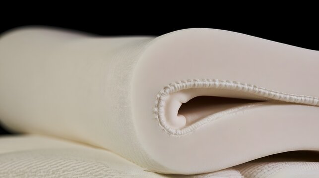 Close up of a rolled memory foam cushion with visible stitching and textured fabric surface against a dark background