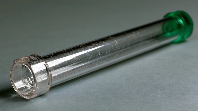A clear glass test tube with green stopper lying diagonally on a gray surface  showing scratches and reflections
