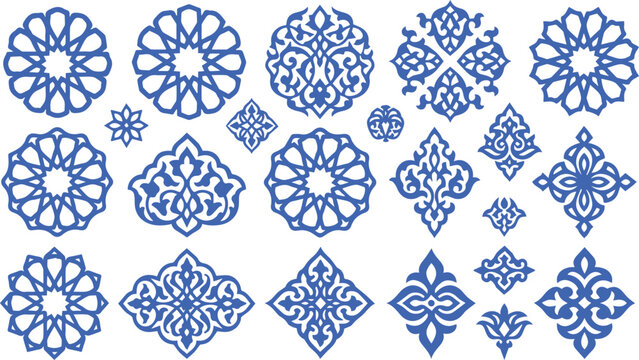 Collection of decorative islamic geometric patterns and ornate traditional motifs with geometric ornament traditional background decoration symmetry abstract oriental moroccan heritage