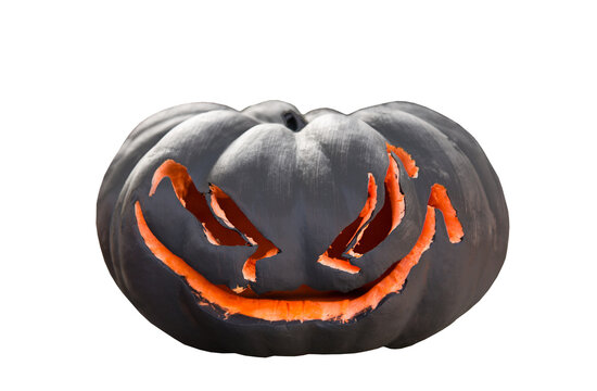 Fierce Halloween pumpkin carved with an angry sinister face, black painted top and bright orange center, isolated on transparent background, spooky Jack O Lantern decoration for Halloween