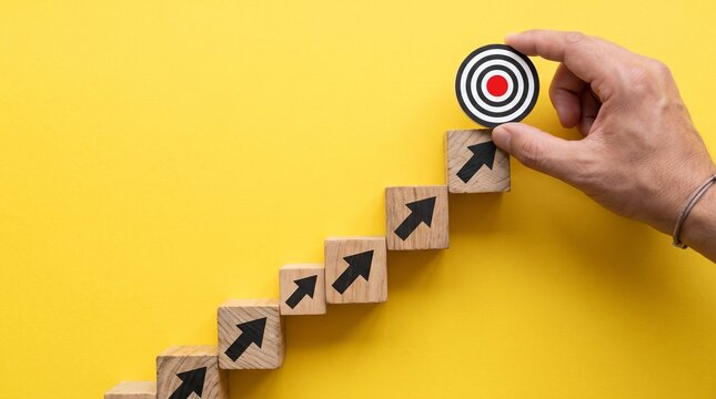 Hand placing target icon on top of wooden block staircase with arrows on yellow background