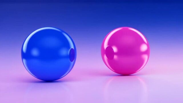 Blue and pink spheres rolling and colliding on gradient background