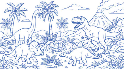 Dinosaur prehistoric jungle scene with various species and volcanic landscape t rex dinosaur prehistoric paleontology adventure landscape triceratops stegosaurus brachiosaurus wildlife © brandesiner