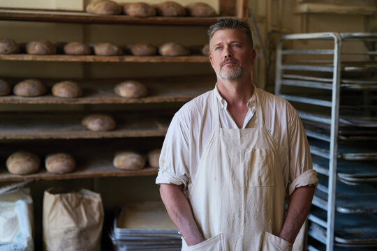 A sophisticated man with silver hair stands confidently amidst freshly baked goods, expressing serenity and expertise in the craft of artisanal baking.