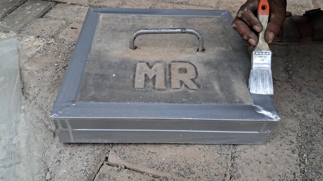 A close up shot of a worker hand using a paintbrush to apply grey protective paint on a metal hatch lid outdoors.