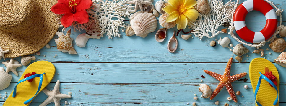 summer and beach themed items arranged on a light blue wooden background. the top and bottom edges of the frame are adorned