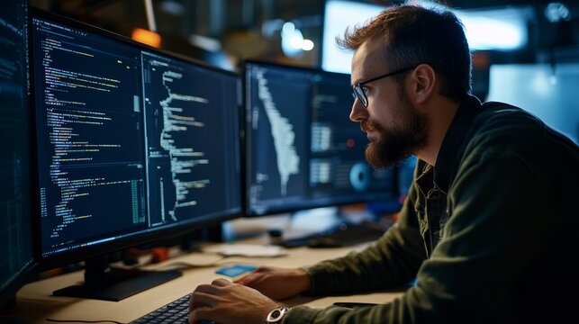 Coder at Work: A man with glasses and a beard is intently focused on his computer screen, surrounded by multiple monitors displaying lines of code and complex charts.
