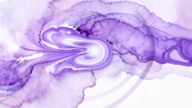 Purple watercolor ink swirls forming dynamic abstract patterns on white background