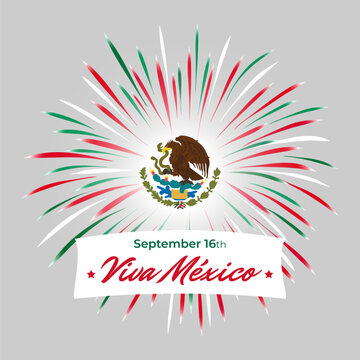 September 16 mexico independence day, mexican colorful fireworks flag, eagle emblem on white. Mexico national holiday september 16th, independence day. Greeting card. Vector illustration