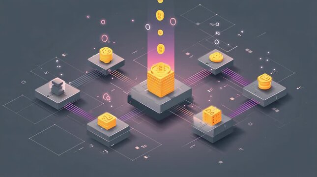 Isometric Cryptocurrency Mining and Blockchain Network Node Connection Concept