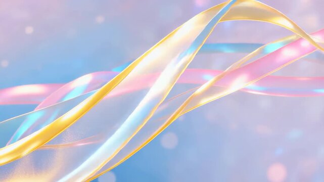 Flowing colorful ribbons with iridescent sheen against pastel gradient background with bokeh lights