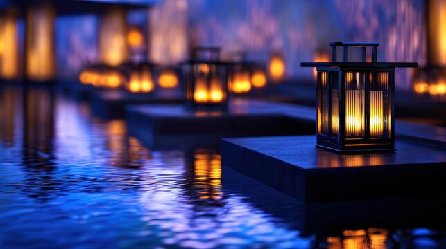 A serene nighttime scene with glowing lanterns floating on water, creating a tranquil atmosphere