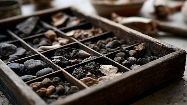 A wooden tray with compartments holds various dark and earth toned stones and fragments  arranged for study or display