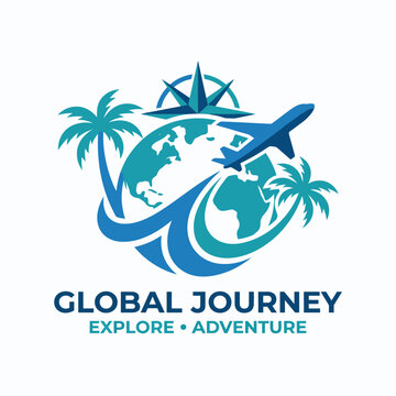 An adventurous and vibrant logo design featuring a globe, airplane, and palm trees, embodying the spirit of exploration and travel for global adventure seekers.