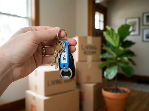 Person holding new house keys moving in
