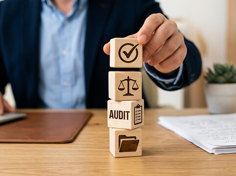 Businessman stacking wooden block icons