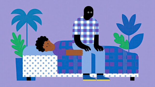 Sleep paralysis. A resting light Brown dude is confused as he has just met a dark sleep paralysis demon right on his bed