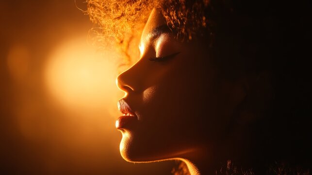 Serene Contemplation: A profile view of a woman with closed eyes, bathed in warm, golden light, exuding a sense of peace and deep introspection.