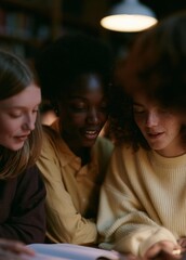 Fototapeta premium Three young women sitting at a table in a dimly lit room, looking at a book together. they appear to be engaged in a conversation, with one woman on the left, one in the middle, and one on the right.
