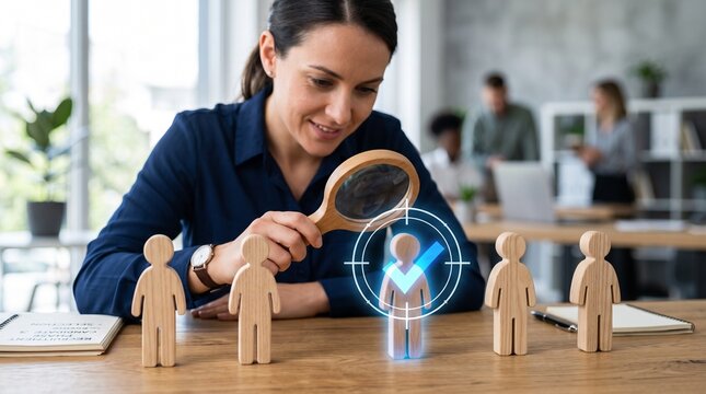 HR manager using a magnifying glass to select the best candidate from a row of wooden human figures with a digital checkmark icon