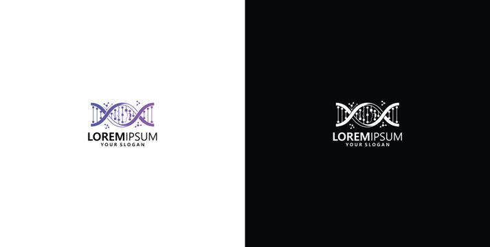 Modern DNA helix logo template with scientific genome structure and tech elements for biotechnology and medical research branding