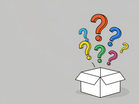 A white cardboard box with many colorful question marks popping out of it against a plain gray background, symbolizing curiosity or mystery.