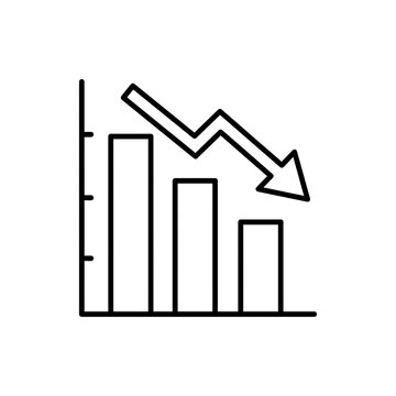 Declining bar chart with downward arrow line art vector icon illustration