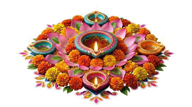 Diwali rangoli with lotus flowers and diyas isolated on transparent background