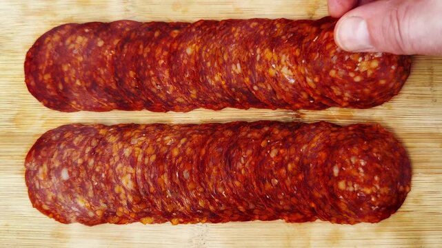 A hand placing the last few circular thin slices of pepperoni in two rows, ready to eat or use as a cooking ingredient. Made from dry cured spicy sausage meat.