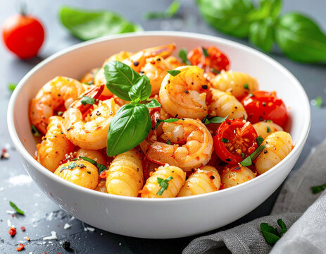 Gnocchi with shrimp and tomatoes, Italian seafood, white bowl. AI
