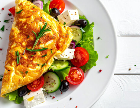Greek salad omelet, white plate, top view. AI