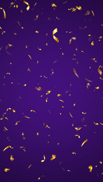 gold metallic confetti rain on purple background ,golden birthday party and anniversary celebration overlay vertical social media design element
