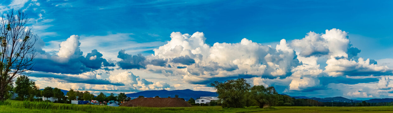 Cloudy summer evening view near Schiltorn, Plattling, Isar, Deggendorf, Bavaria, Germany