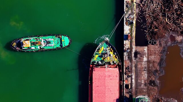 Overhead view of tugboat towing cargo vessel, Burgas, Bulgaria. Top down drone shot of a green tug beside a red hulled ship docked near log piles.