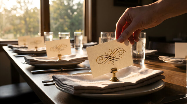 Hand adjusting a blank place card at table setting