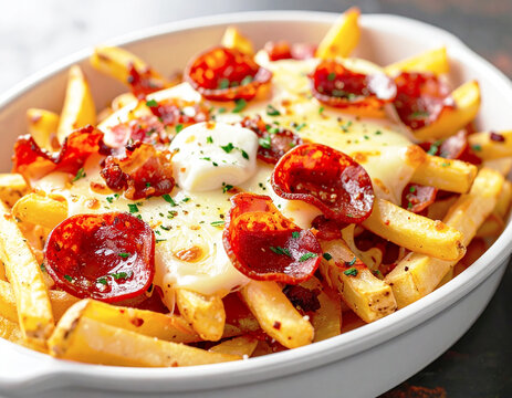 Loaded fries with pizza toppings, pepperoni, bacon and mozzarella cheese, closeup. AI