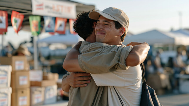 An unposed candid moment at a colorful outdoor market captures a young crop duster pilot on a final day of a training camp, hugging a teen counselor goodbye beside a clean