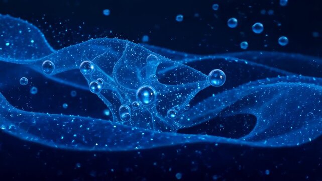 Blue digital wave with glowing particles and floating bubbles in deep ocean-like environment