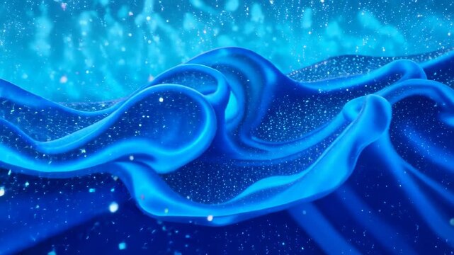 Blue fluid waves with sparkling particles flowing through a cosmic background
