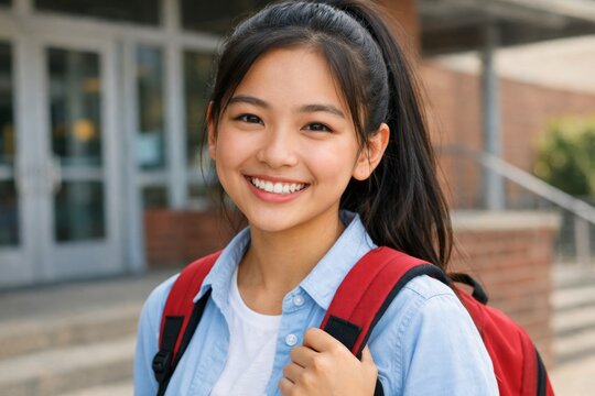 Smiling student with red backpack at school entrance for back to school poster and education banner design