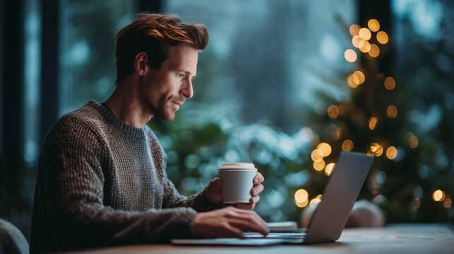 man working remotely on laptop with coffee mug near illuminated christmas tree