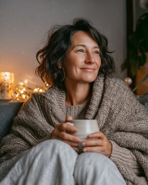 smiling mature woman enjoying hot beverage in cozy sweater with warm holiday lights