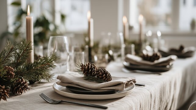 festive christmas table setting with candles pine cones and natural linen napkins